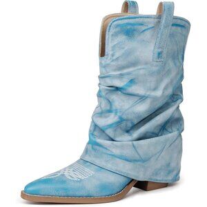 Women Baby Blue Rubber Chunky Heels Mid Calf Western Boots Vintage Retro